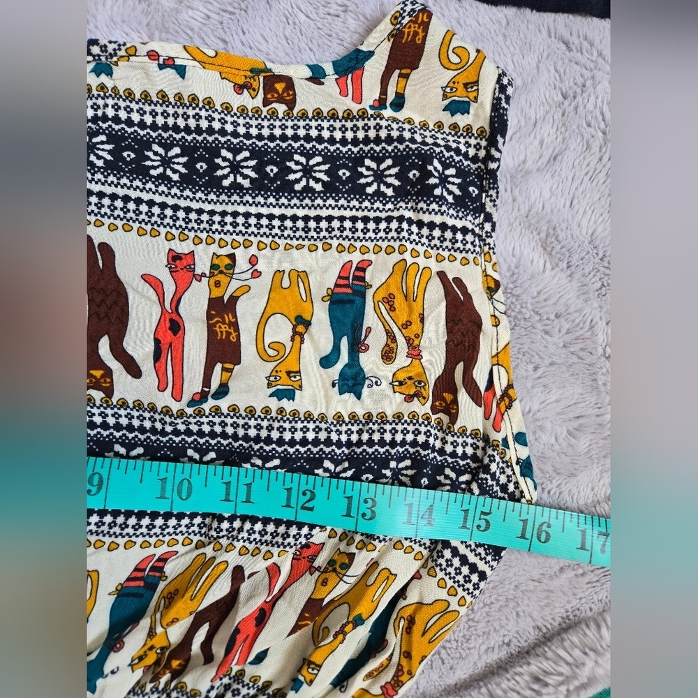 BEAUTY Cartoon Cat Patterned Lightweight Multicolor Sleeveless Midi Dress. Small - Picture 9 of 10